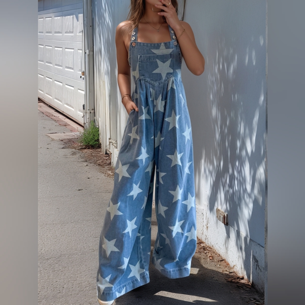 Star Print Buttoned Strap Wide Leg Denim Overalls